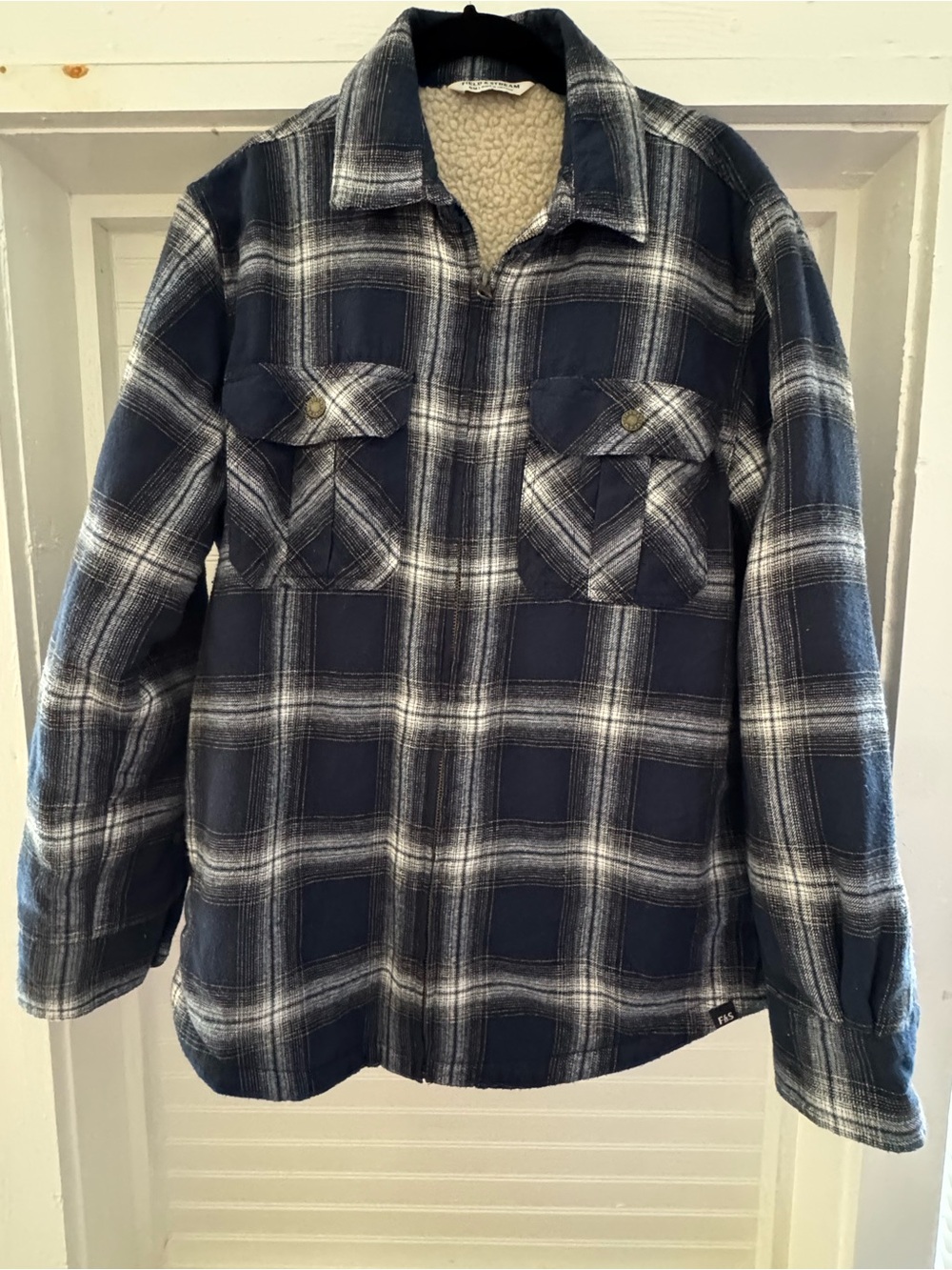 Field & Stream Navy and White Plaid Sherpa Zip-Front Jacket
